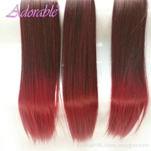 wholesale silk straight ombre two tone color hair weaving,double sewing heat resistant fiber red synthetic hair bundles T1bbug